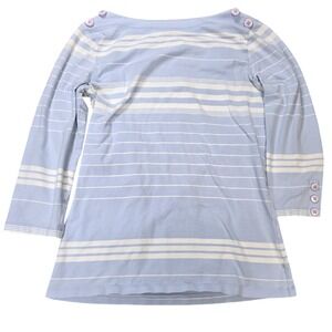 Dockers 3/4 Sleeve Top Women's Size L Blue White Striped Boat Neck Button Detail
